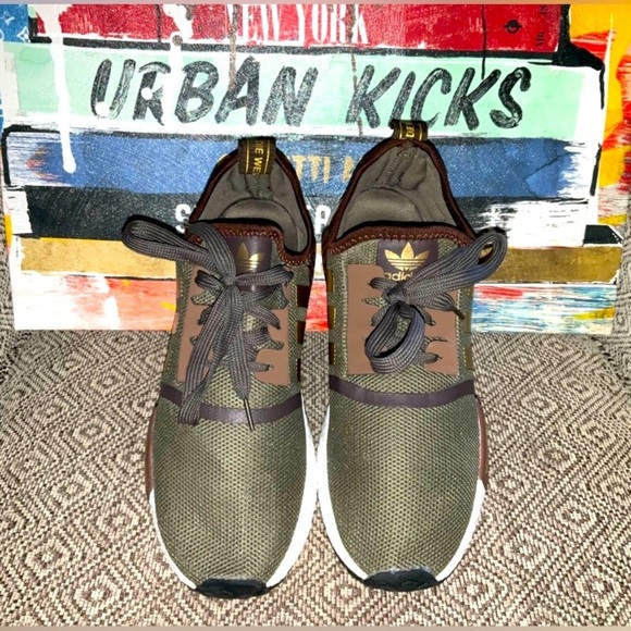 ADIDAS NMDs Gym Shoes in Olive Green, Brown, and Gold, Upscaled to FASHION, EUC - Picture 3 of 15